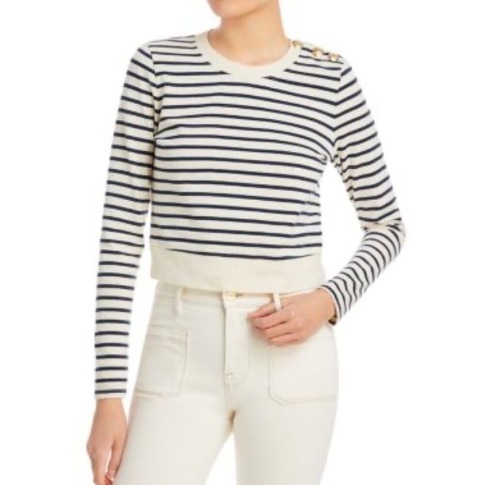 Veronica Beard Cream and Navy Striped Button-Shoulder Long Sleeve Top